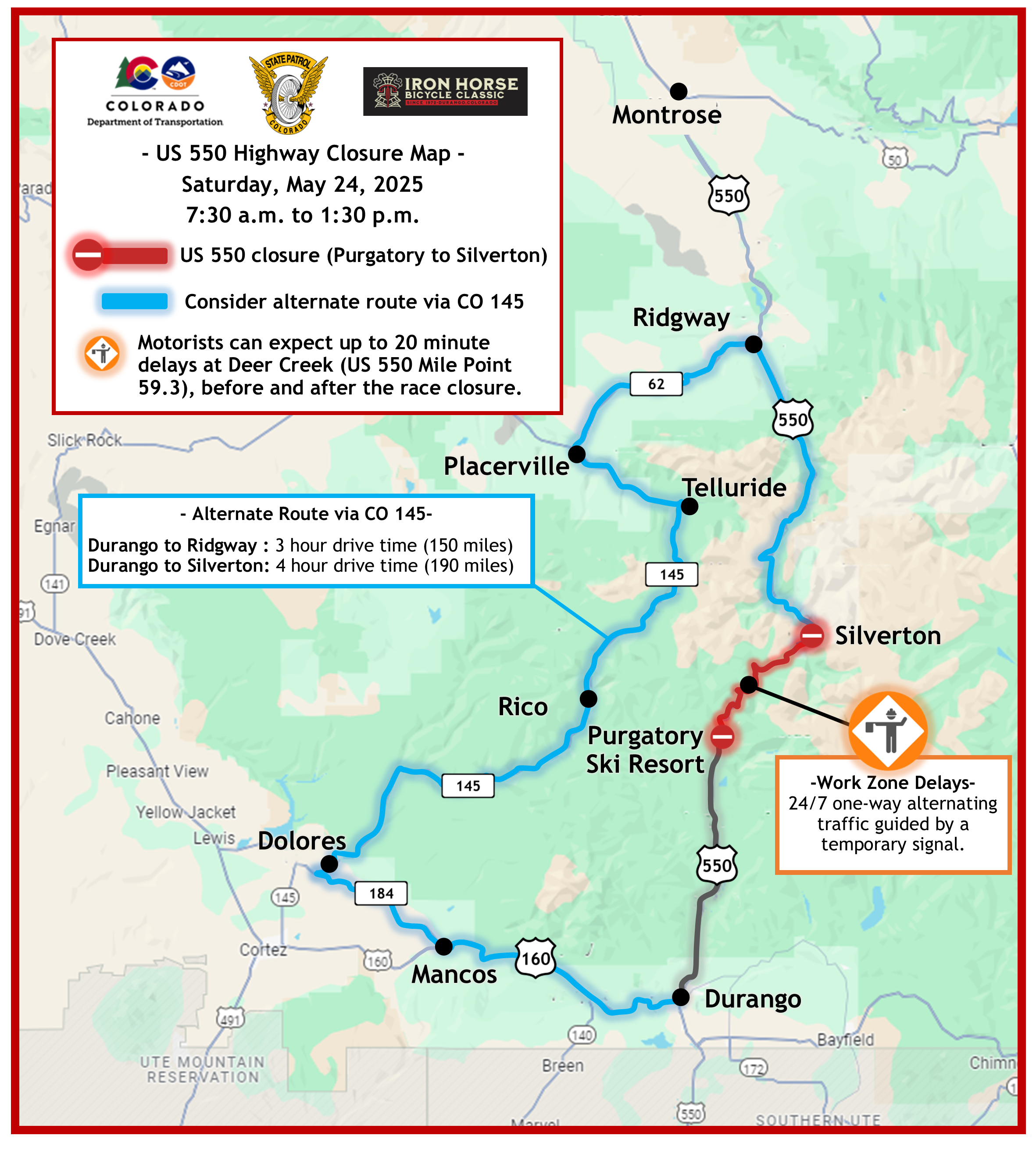 Map of US 550 Closures Alternate Routes via CO 145 05242025.png detail image