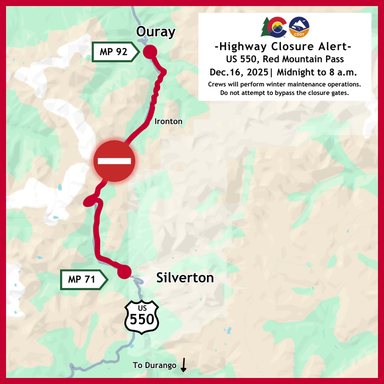 Map of the US 550 overnight closure on Dec. 16, 2025 from midnight to 8 a.m. between Silverton and Ouray (Mile Points 71 to 92).