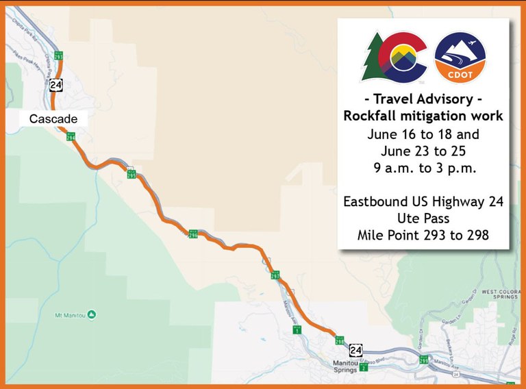 Map of US Highway 24 through Ute Pass Canyon in El Paso County where crews will perform rockfall mitigation work. Map of US Highway 24 through Ute Pass Canyon in El Paso County where crews will perform rockfall mitigation work.
