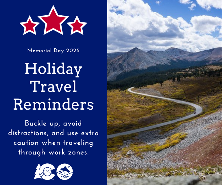 Memorial Day 2025 Holliday Travel Reminders Memorial Day 2025 Holliday Travel Reminders. Text reads Buckle up, avoid distractions and use extra caution when traveling through work zones