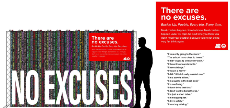 Rendering of “No Excuses” displays, made from seat belts, that will be positioned at various Pueblo locations.