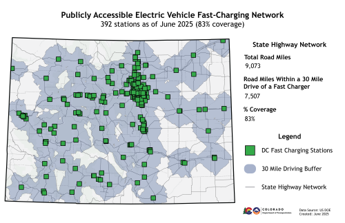 Map of publicly accessible electric vehicle fast-charging network Map of publicly accessible electric vehicle fast-charging network depicting 392 stations as of June 2025 (83% coverage)