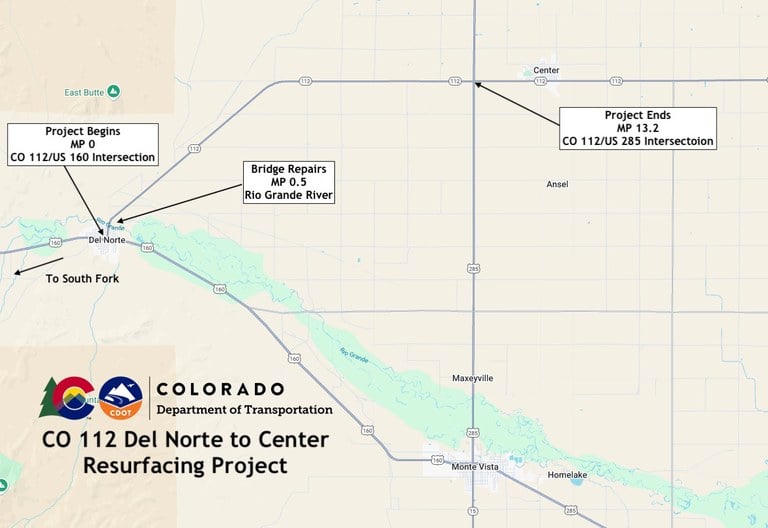 Colorado Department of Transportation resurfacing project map along CO 112 from Del Norte to the US Highway 285 junction. Colorado Department of Transportation resurfacing project map along CO 112 from Del Norte to the US Highway 285 junction.