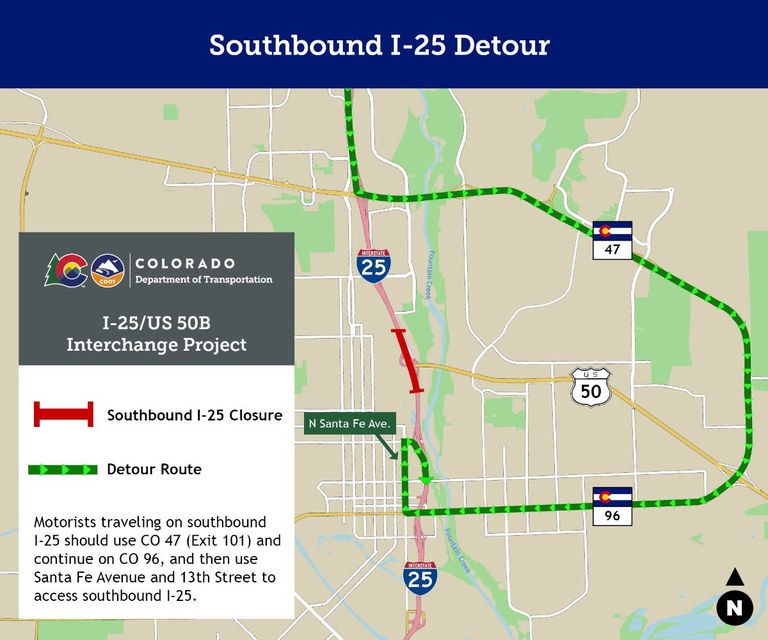 Southbound I-25 Detour Map showing Southbound I-25 Detour: Motorists traveling on southbound I-25 should use Colorado Highway 47 (Exit 101) and continue on CO 96, then use Santa Fe Avenue and 13th Street (Exit 99B) to access southbound I-25.
