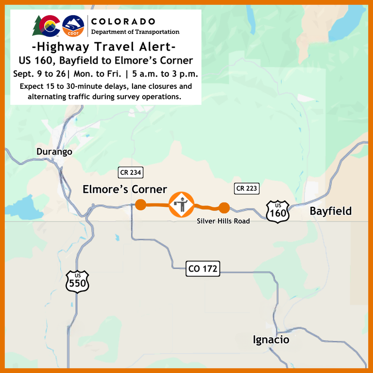 Travel Alert Map of delays and survey work on US 160 between Elmore's Corner and Bayfield taking place September 9 to 26