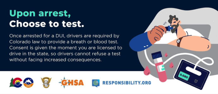 Upon Arrest Choose to Test Blue graphic with icon of a blood vile and an image of a person taking a breathalyzer test. The header reads "Upon arrest, choose to test."