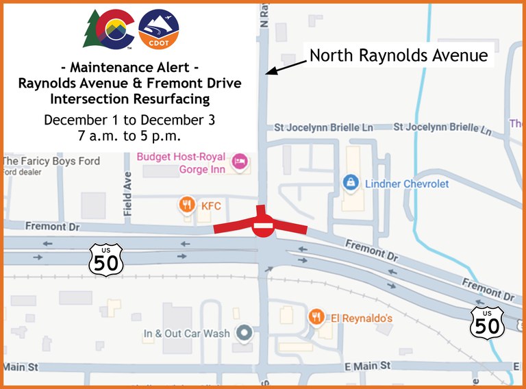 Map of intersection improvement project at North Raynolds Avenue and Fremont Drive north of US 50 in Cañon City.