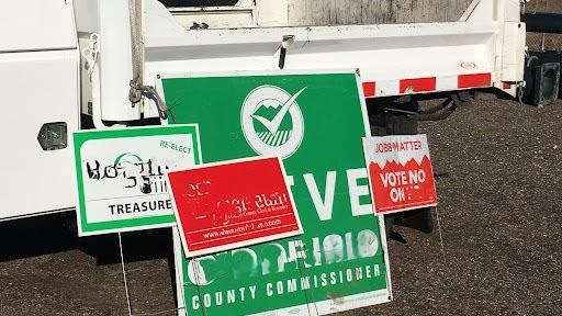 Roadside campaign signs from CDOT Right-of-Way collected by CDOT maintenance. Roadside campaign signs from CDOT Right-of-Way collected by CDOT maintenance.