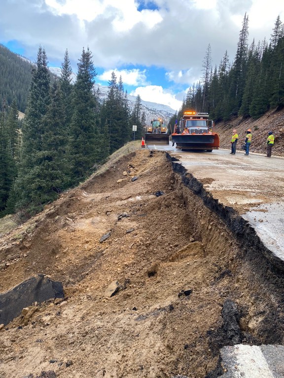 CDOT Photo - CDOT crews work to stabilize and repair flood damage on US 550 approximately four miles north of Silverton (MP 75).