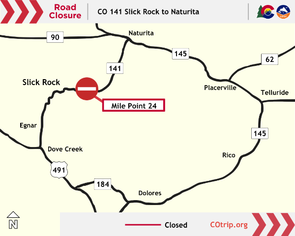 Travel alert map of a safety closure on CO 141 at Slick Rock.