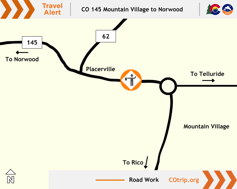 Map of routine maintenance operations taking place Aug. 31 through Sept. 3 between Telluride and Placerville (Mile Points 75 to 77).