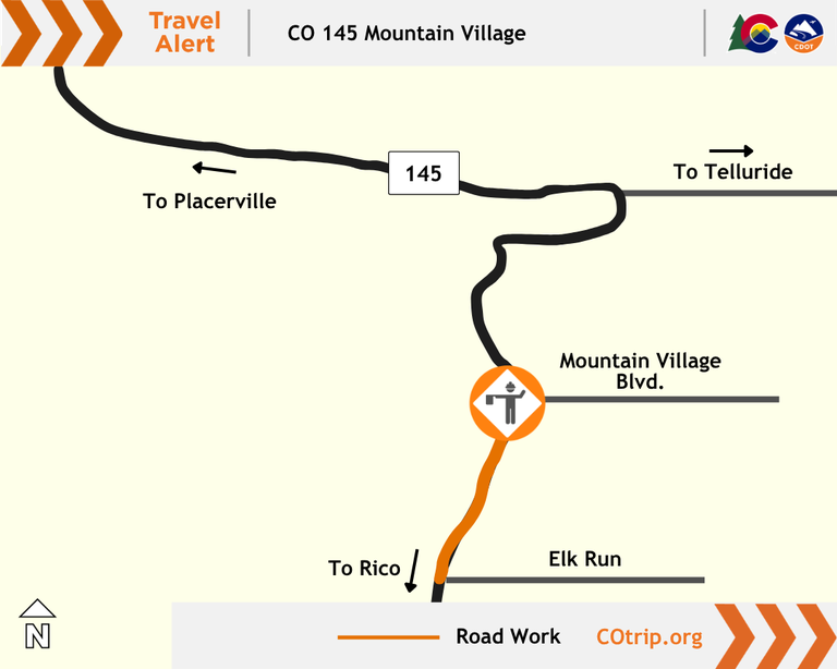 Colorado Department of Transportation travel alert map of CO 145 paving operations between Mountain Village Boulevard and Elk Run (Mile Points 68 to 70).