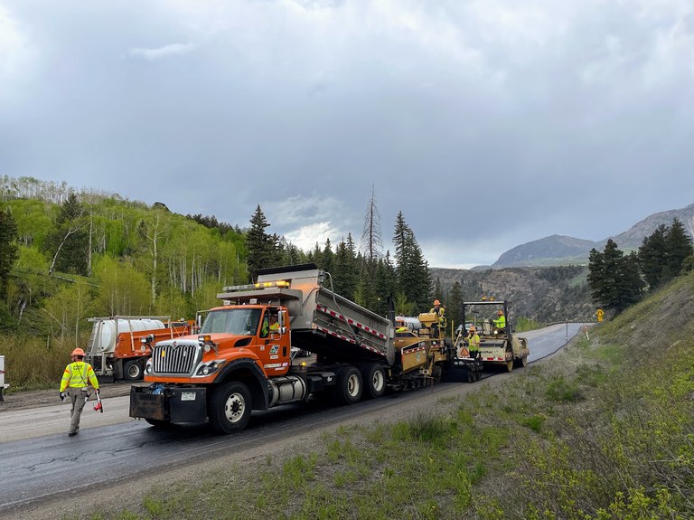 CDOT crews perform paving operations on CO 145 south of Telluride.