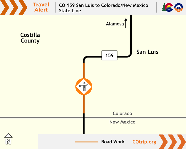 Colorado Department of Transportation Highway Travel Alert map of paving operations on CO 159 between San Luis and the Colorado to New Mexico state line taking place Sept. 22 to 30 between 7 a.m. and 7 p.m. each day. 