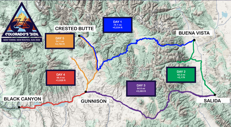 Colorado's Ride map of the upcoming five-day bicycle tour routes between Crested Butte, Buena Vista, Salida, Gunnison and Black Canyon