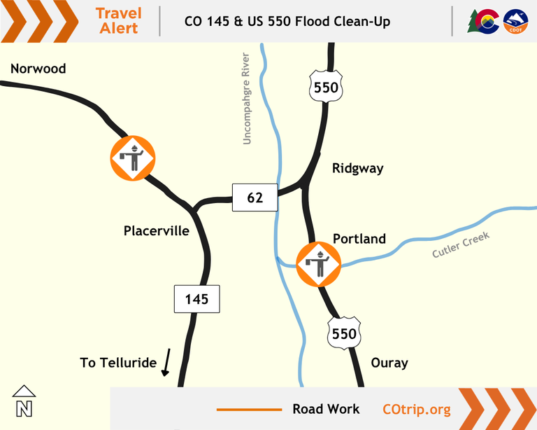 Colorado Department of Transportation travel alert map of operations to remove flood debris and clean highway shoulders on US 550 near Ouray and CO 145 near Norwood.