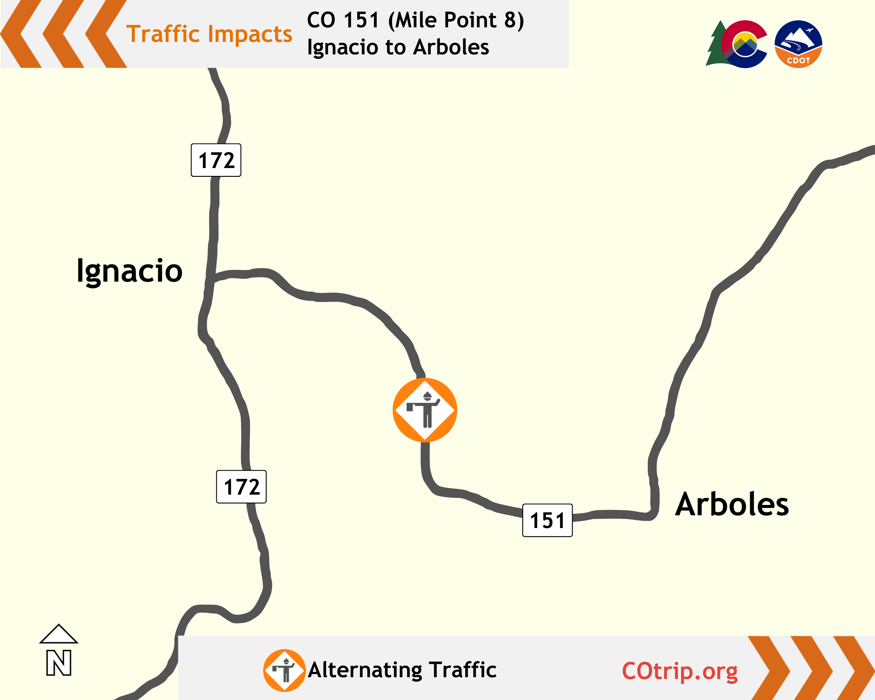 Map of alternating traffic on CO 151 between Ignacio and Arboles March 2026.png detail image