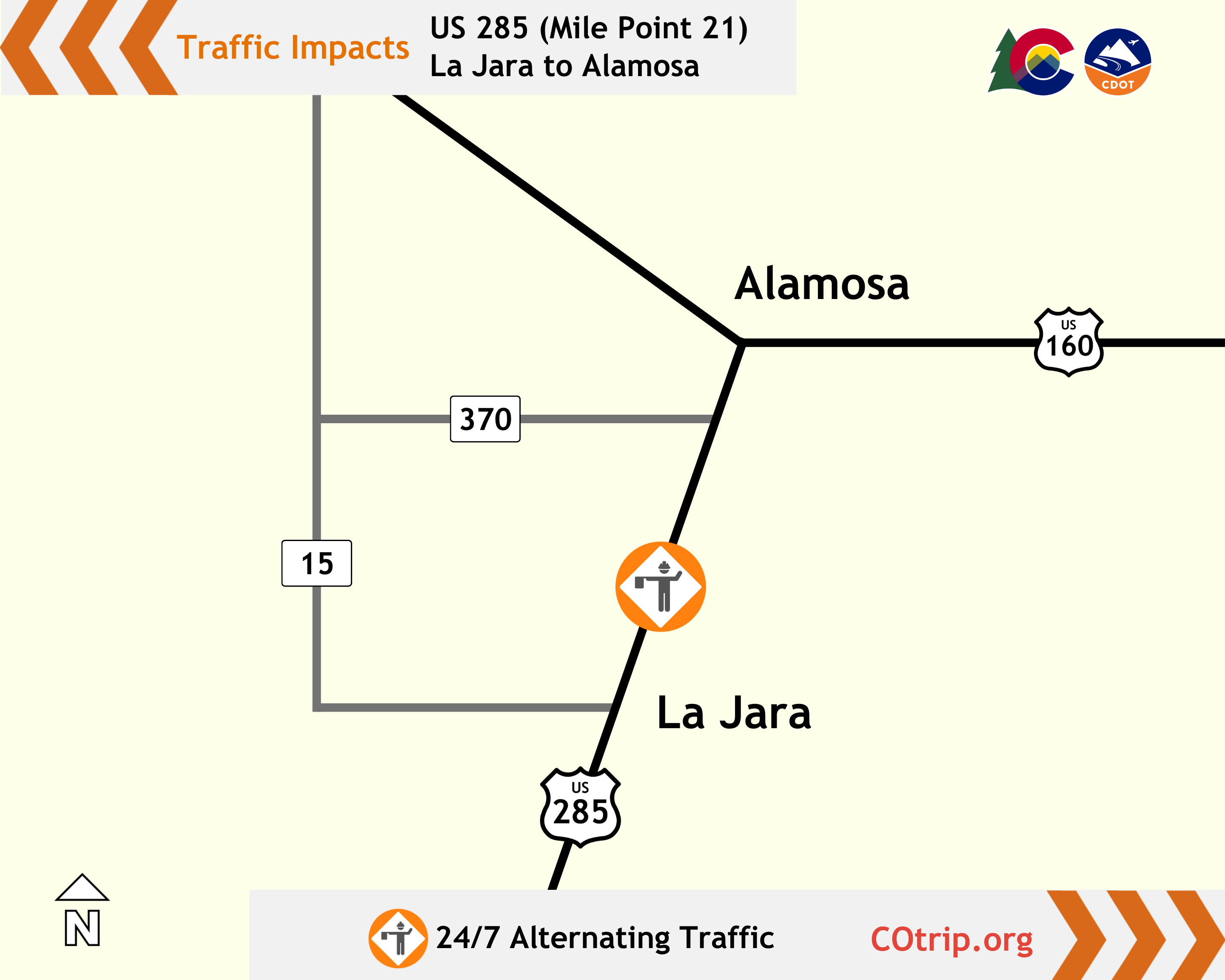 Map of alternating traffic on US 285 between La Jara and Alamosa March 2026.png detail image