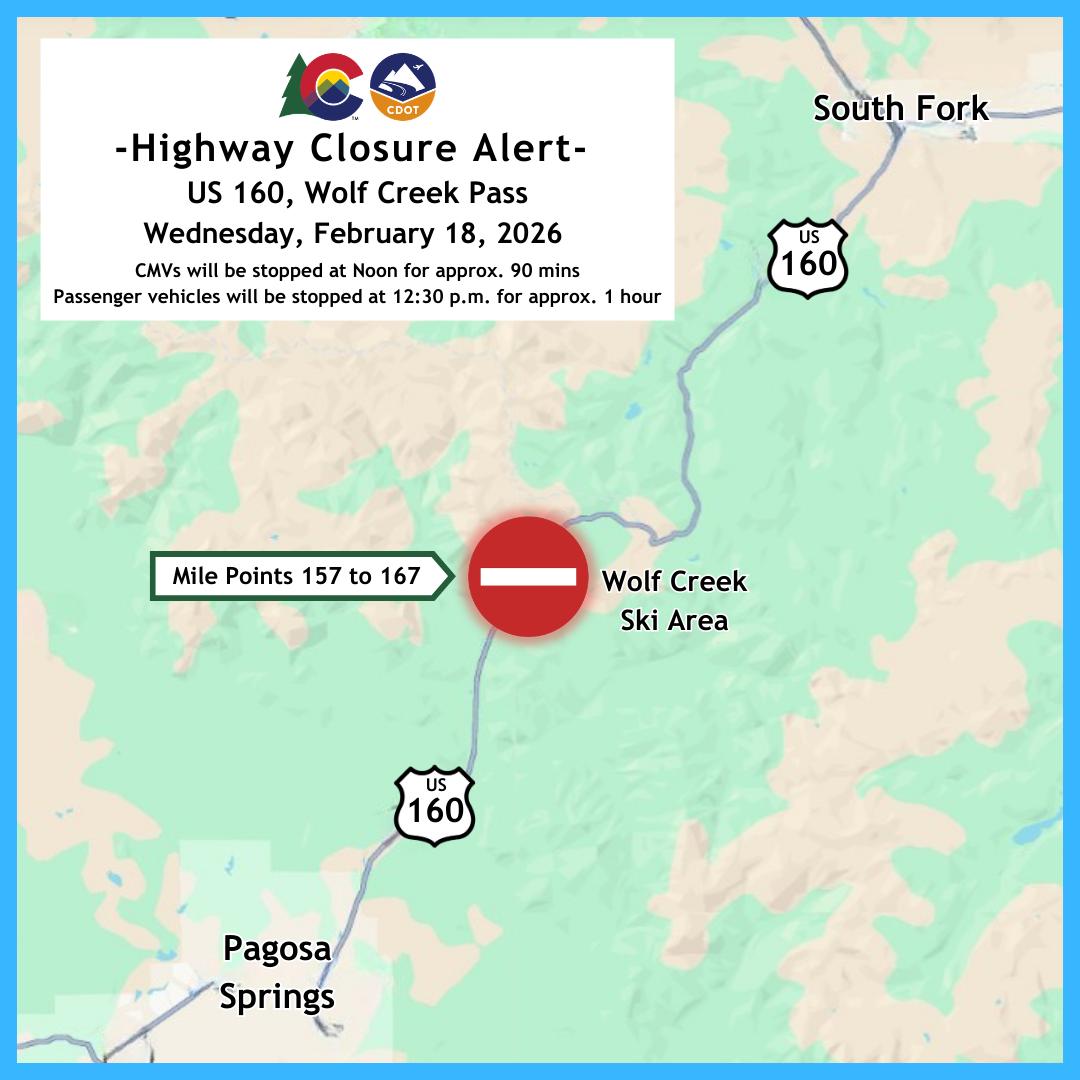 Map of closures on US 160 Wolf Creek Pass between South Fork and Pagosa Springs Feb. 18, 2026.png detail image