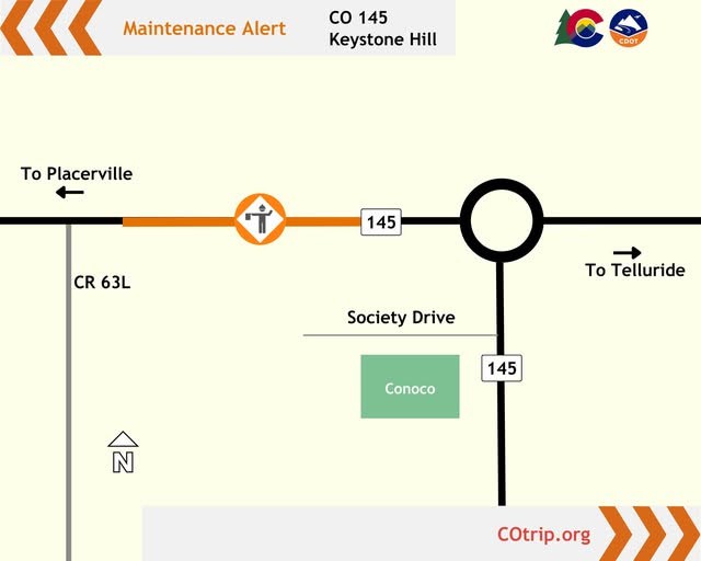 Map of operations to clear debris from underneath the guardrail on CO 145 Keystone Hill, between Telluride and Placerville (Mile Points 73 to 74). Motorists can expect full stops, up to 15 minute delays and alternating traffic between 9 a.m. and 3 p.m.