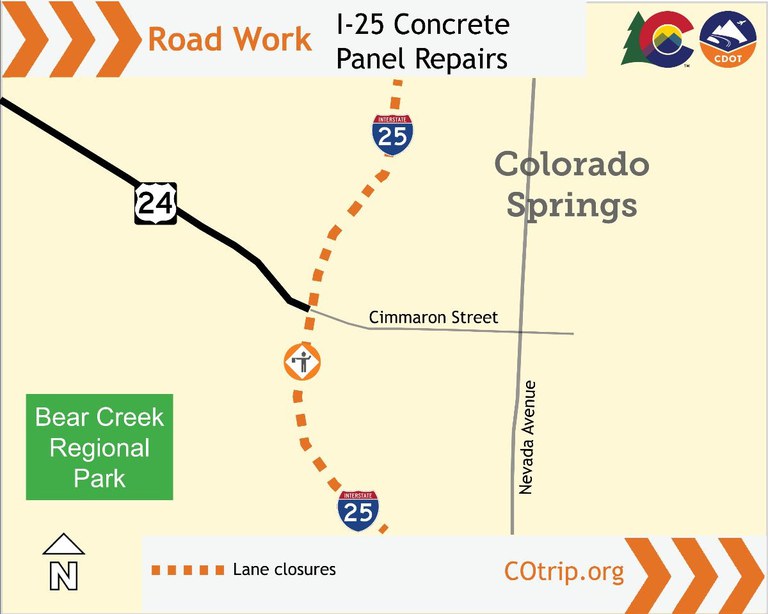 Map of Interstate 25 in Colorado Springs indicating road work near the US Highway 24 Interchange.