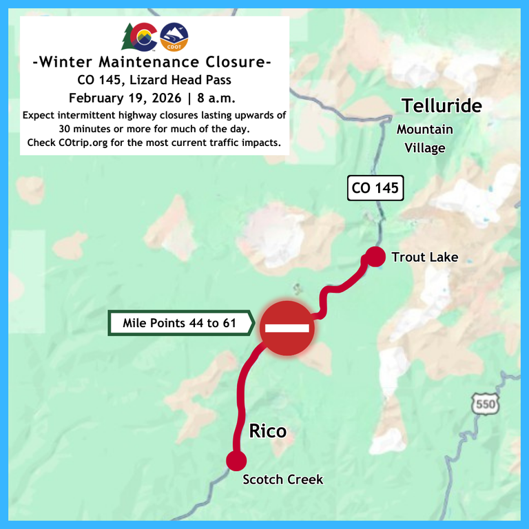 Colorado Department of Transportation Winter Maintenance Alert Map of lengthy delays during safety-critical winter maintenance operations on CO 145 Lizard Head Pass, between Rico and Telluride, beginning at 8 a.m. and lasting for much of the day on February 19, 2026.