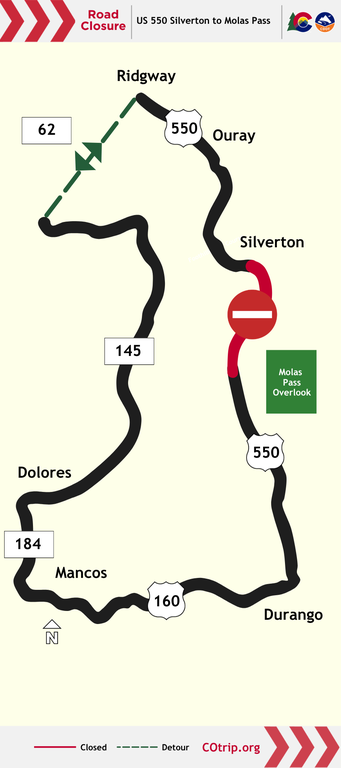 Map of the US 550 closure and detour on June 1 between Molas Pass and Silverton. 