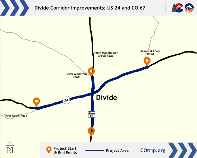 Map of US 24 and CO 67 corridors in Teller County.