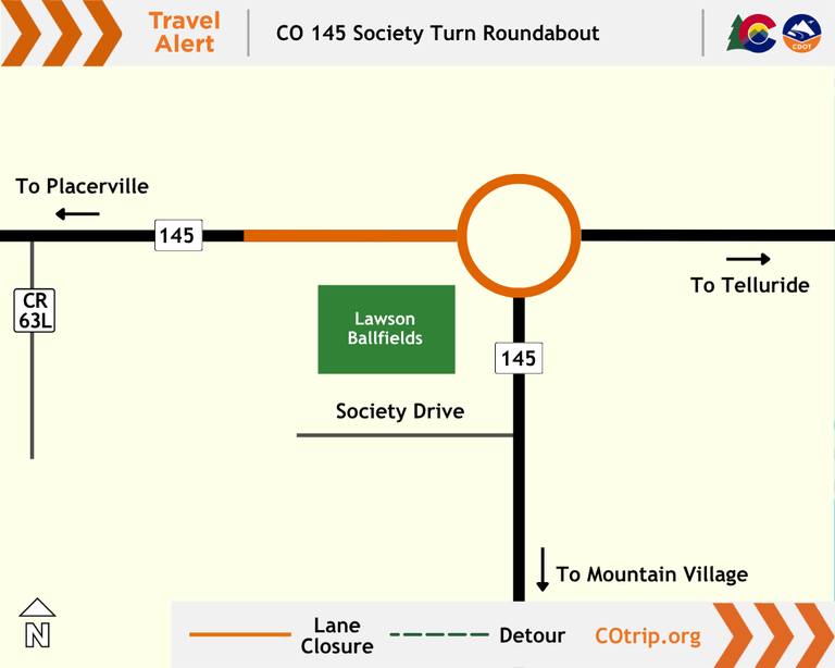 Map of work zones on CO 145 at Society Turn Roundabout between Telluride and Placerville. 