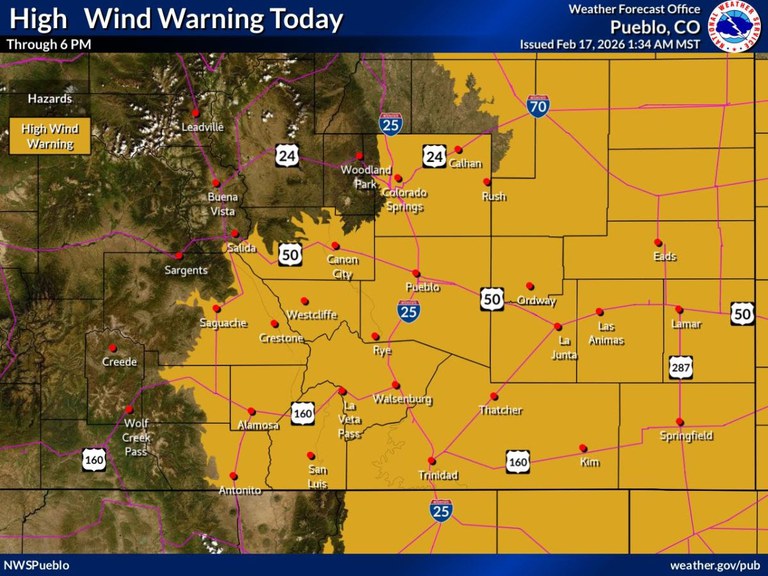National Weather Service High Wind Warning Map for Tuesday, Feb. 17.