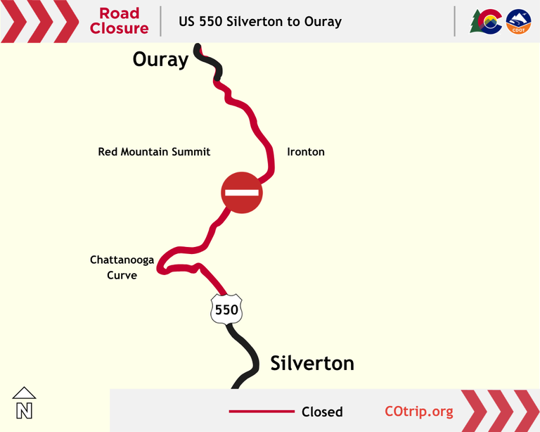 Colorado Department of Transportation road closure map of US 550 between Silverton and Ouray (MP 75 to 91).