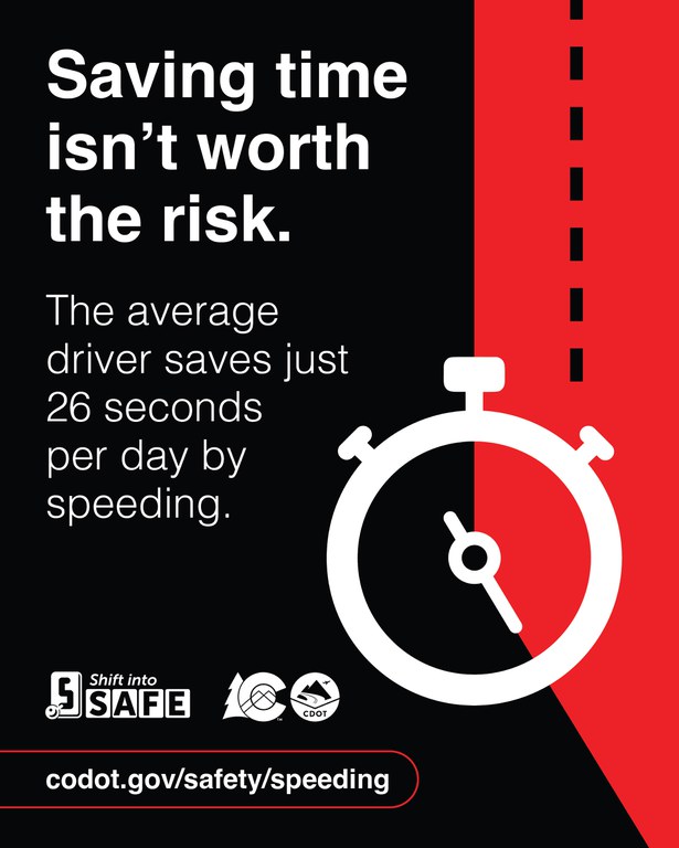 CDOT graphic reading "Saving time isn’t worth the risk" stating drivers save 26 seconds daily speeding, with a stopwatch icon.