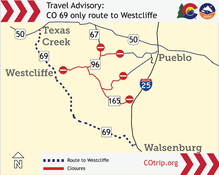 Travel advisory on CO 69 only route to Westcliffe map