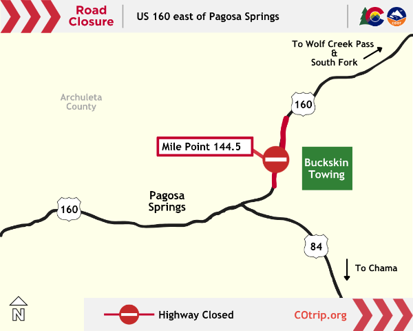 Map of an emergency closure on US Highway 160 east of Pagosa Springs.