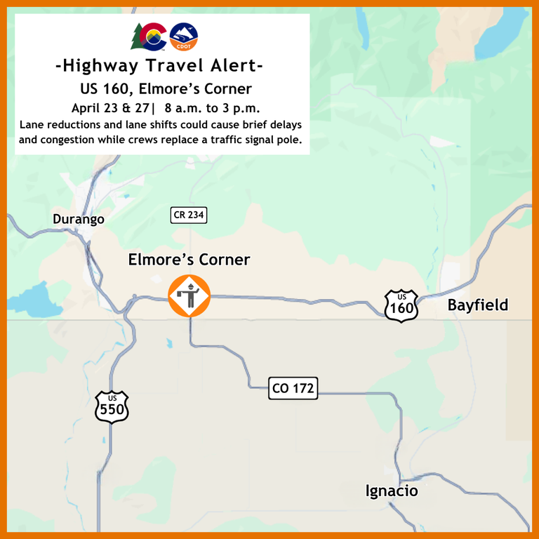 Colorado Department of Transportation Highway Travel Alert Map of lane reductions and lane shifts at US 160 Elmore's Corner during signal pole replacement operations on April 23 and 27 from 8 a.m. to 3 p.m.