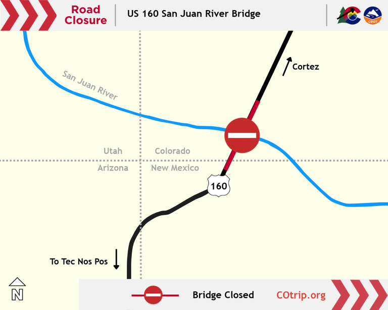 Map of the US 160 San Juan River Bridge closure just north of Four Corners Monument.