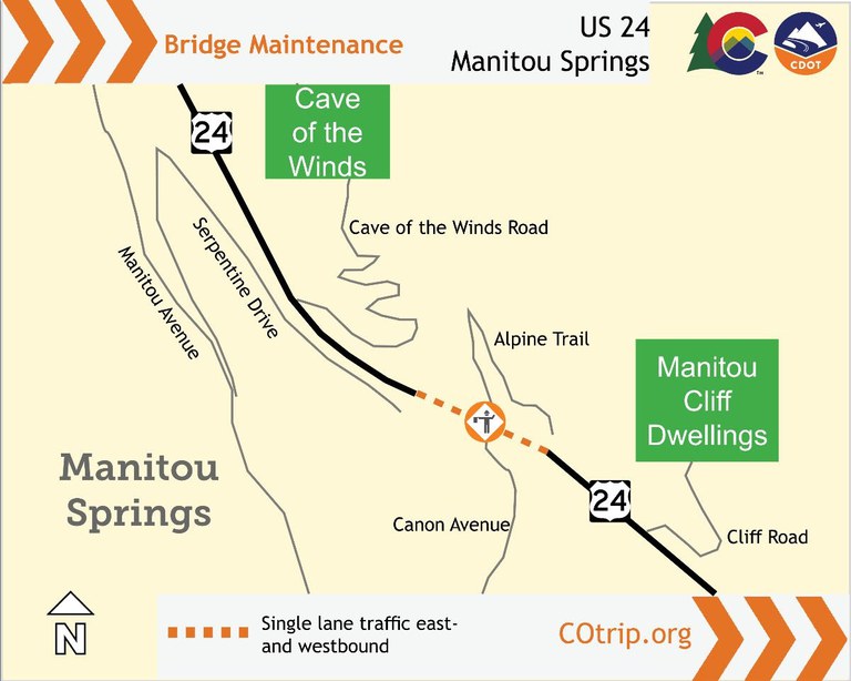 Map of US Highway 24 in Manitou Springs where bridge inspection work will occur at Mile Point 297.7 over Canon Avenue.