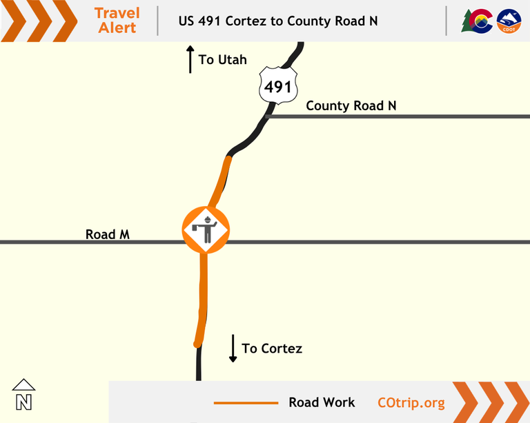 Travel alert map of paving operations on US 491 north of Cortez.