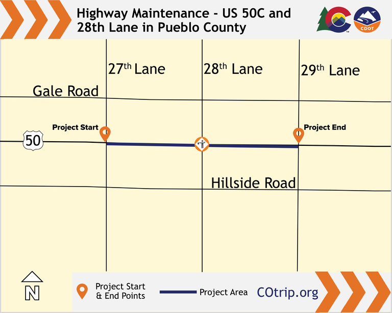 Map of Highway Maintenance work zone on US Highway 50C at 28th Lane in Pueblo County.