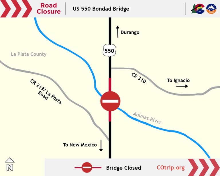 Map of US 550 Bondad Bridge over the Animas River (MP 3 to 4) indicating a safety closure between Durango and the New Mexico state line.