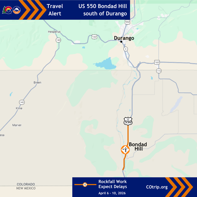 US 550 Bondad Hill south of Durango Rockfall Mitigation map