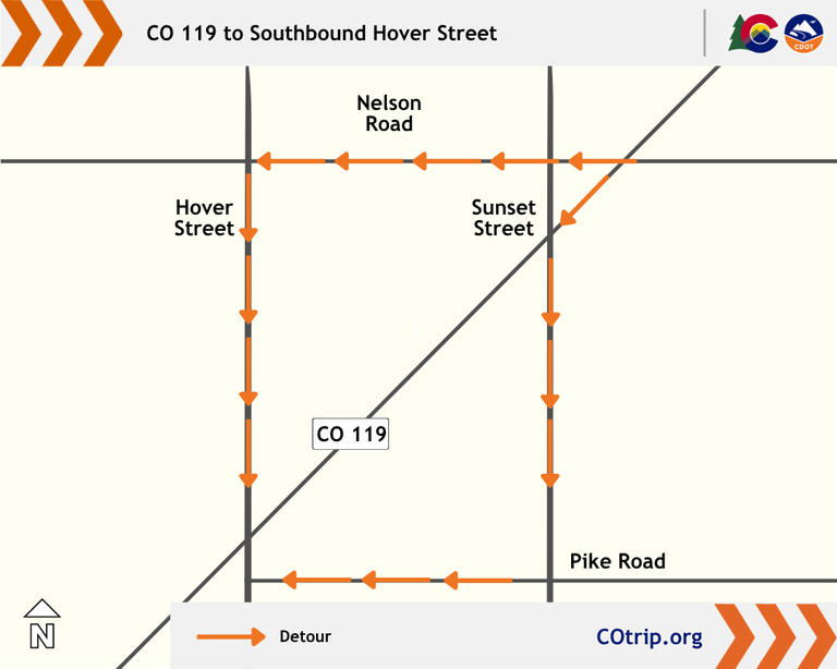 The map shows two of the routes drivers can take from CO 119 to southbound Hover Street in Longmont.