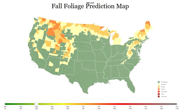 The 2026 Fall Foliage Map is a visual planning guide to the annual progressive changing of the leaves. The map shows nationwide progression of autumn leaf colors. Regions are color-coded into seven stages: no change, minimal, patchy, partial, near peak, peak, and past peak.