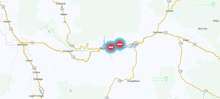 Map depicting closure locations on US 50 west of Gunnison 