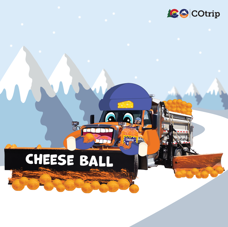 A snowplow edited to be wearing a beanie with a cheese logo, with arm holding a jar of cheese puffs while plowing the road of more cheese puffs. The snowplow's face, hands and snowplow blades are covered in cheese dust.
