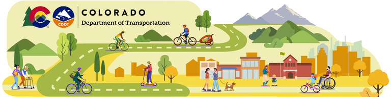 Illustration featuring the CDOT logo and adults and children walking, biking, using a wheelchair, and riding a scooter on pathways across a backdrop of different environmental settings, ranging from skyscrapers, to buildings representing shops and a school, to houses, to the countryside with bushes, trees, hills and mountains. 