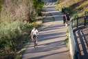 A man wearing a helmet and white shirt rides a bicycle toward the camera on a paved shared-use path. In the background, two pedestrians walk a large dog away from the camera. The path is bordered by green bushes and a metal railing. thumbnail image