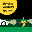 An illustration of a person riding a bicycle at night equipped with a front light, a red rear light, and side reflectors, with a car's headlights shining behind them. The text inside a yellow circle reads "Bicyclist Visibility" alongside logos for the Colorado Department of Transportation and the "Shift into SAFE" campaign. thumbnail image