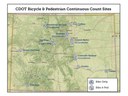 Infographic showing a map of Colorado with Bicycle and Pedestrian Continuous Count Sites. Markers indicate "Bike Only" or "Bike and Pedestrian" sites in various cities including Denver, Boulder, Fort Collins, and Colorado Springs. thumbnail image