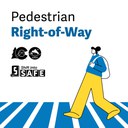 An graphic with the text "Pedestrian Right-of-Way" at the top. The image features a stylized illustration of a person with a backpack walking across a blue and white striped crosswalk. Included are logos: a black and white Colorado logo, a Colorado Department of Transportation (CDOT) mountain logo, and a logo with the text "Shift into SAFE". thumbnail image